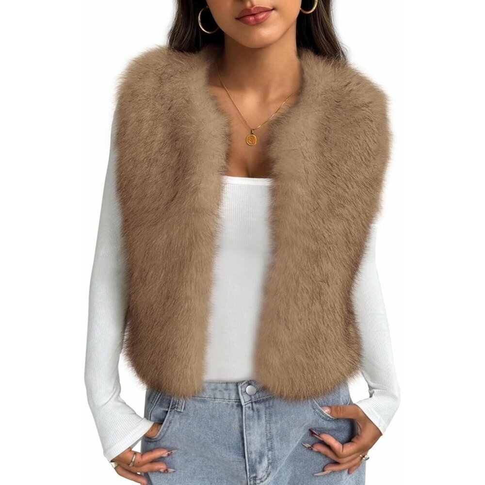 Women's Tan Faux Fur Vest Fall Fashion Sleeveless Fuzzy Jacket Fluffy Coats